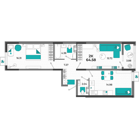 Планировка 2-комн 64,58 м²