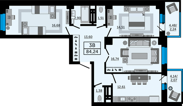 Планировка 3-комн 84,24 м²