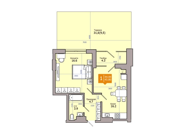 Планировка 1-комн 45,8 м²