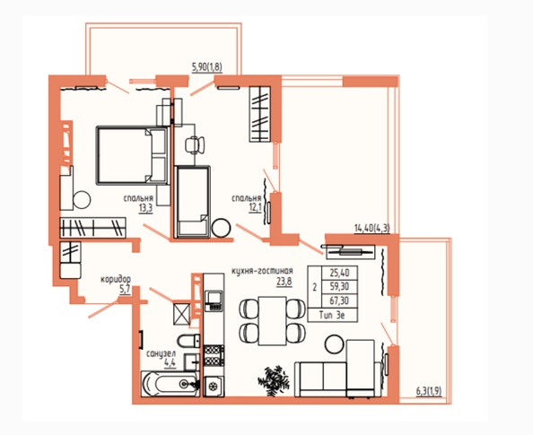 Планировка 3-комн 67,3 м²