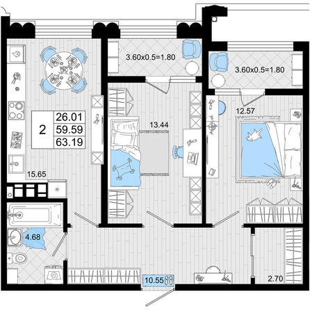 Планировка 2-комн 63,19 м²