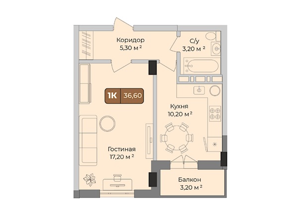 Планировка 1-комн 36, 36,6 м²