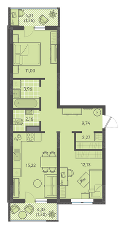 Планировка 2-комн 58,55 - 59,14 м²