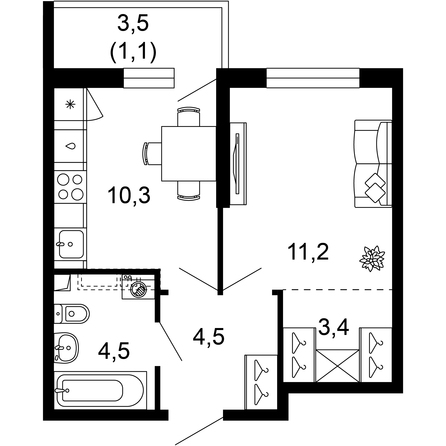 Планировка 1-комн 35 м²