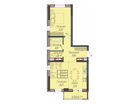 Планировка 2-комн 51,62 м²