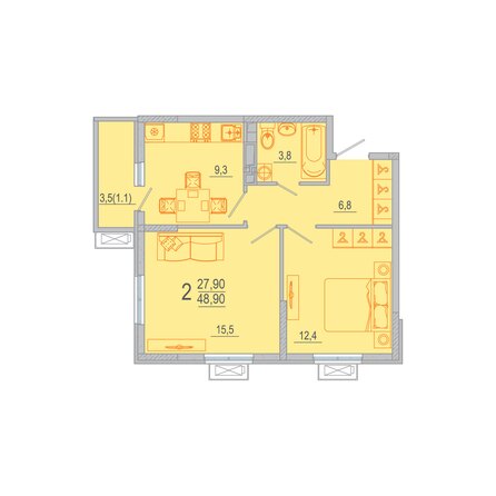 Планировка 2-комн 48,75, 48,9 м²