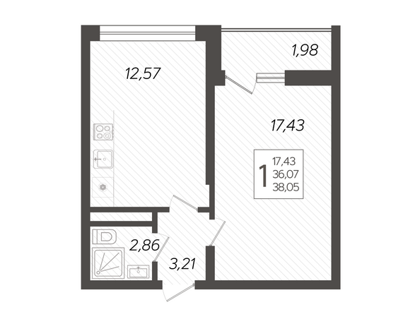 Планировка 1-комн 38,05 м²