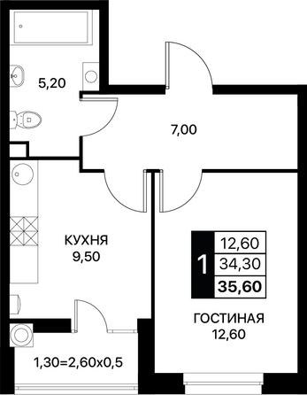 Планировка 1-комн 35,6 м²