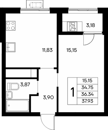Планировка 1-комн 37,93 - 38,2 м²