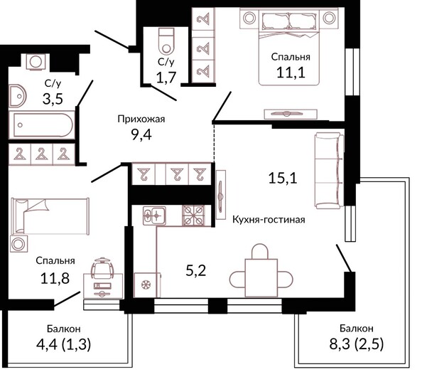 Планировка 2-комн 61,6 м²