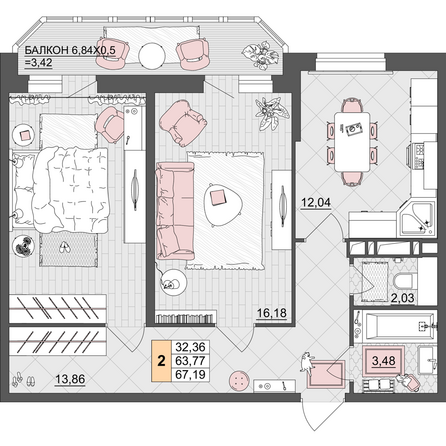 Планировка 2-комн 67,19 м²