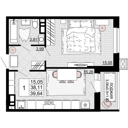 Планировка 1-комн 39,64 м²