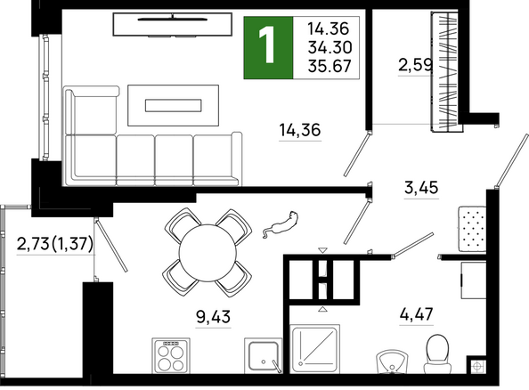 Планировка 1-комн 35,67 м²