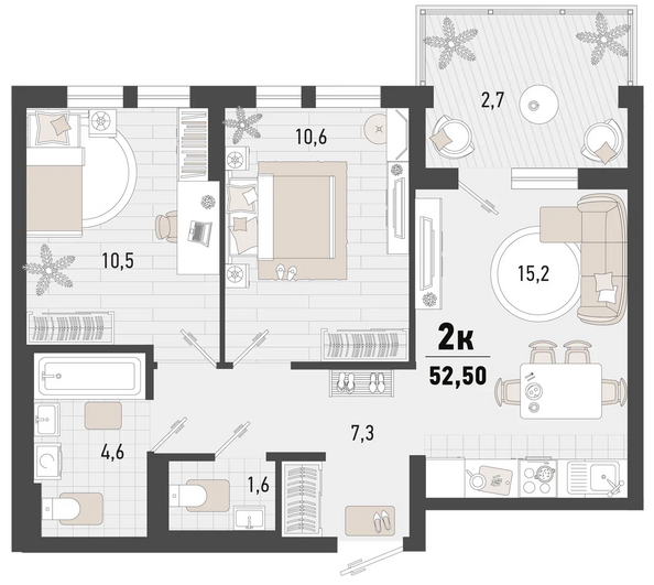 Планировка 2-комн 52,5 м²