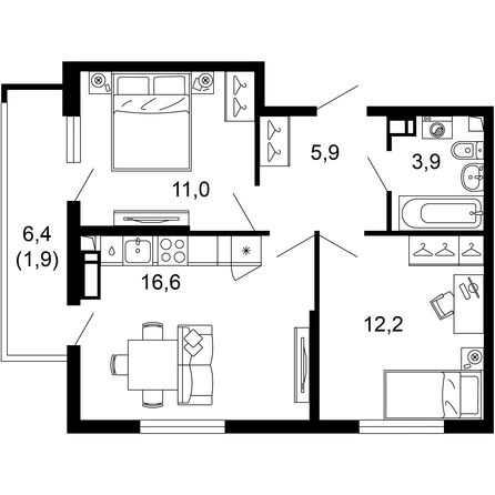 Планировка 2-комн 51,5 м²