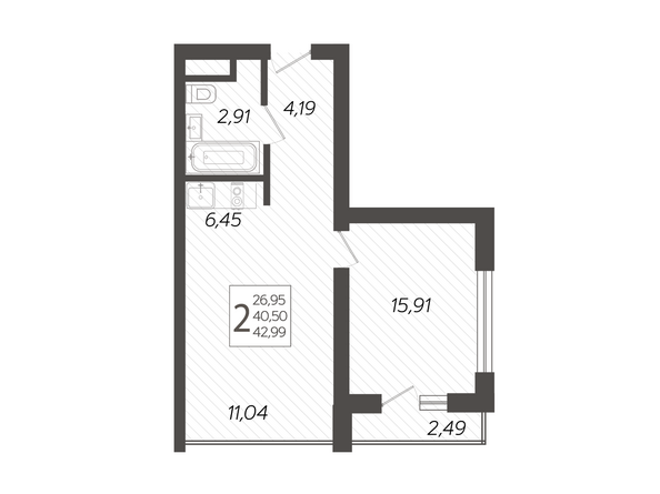 Планировка 2-комн 42,99 м²