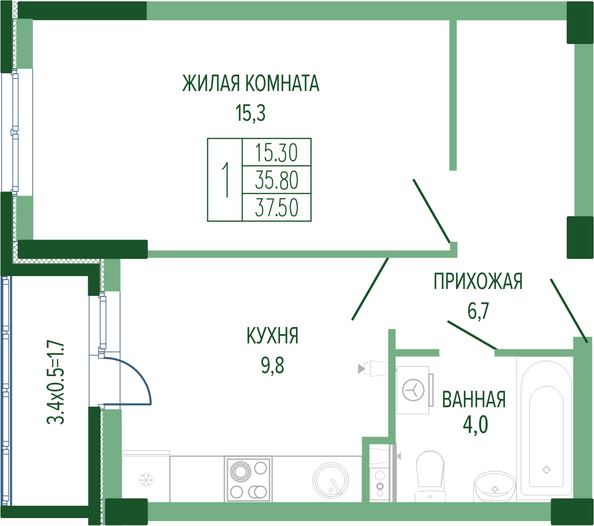 Планировка 1-комн 37,5 м²