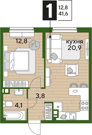 Планировка 1-комн 41,6 м²