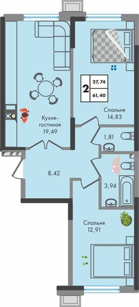 Планировка 2-комн 61,4 м²