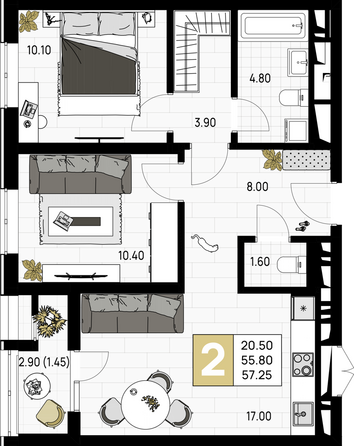 Планировка 2-комн 57,25 м²