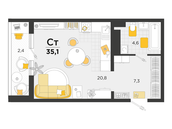Планировка 1-комн 35,1 - 35,5 м²