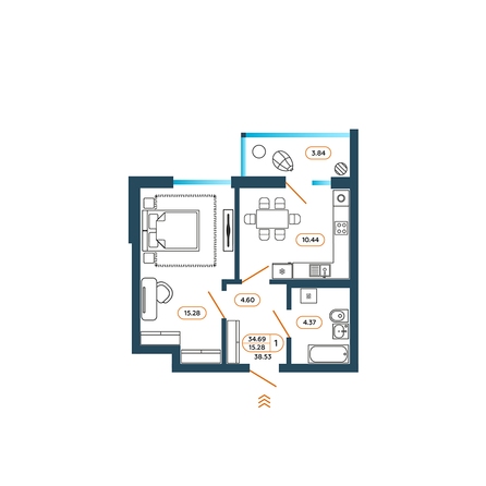 Планировка 1-комн 38,53 м²