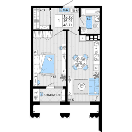 Планировка 1-комн 48,71 м²