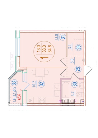 Планировка 1-комн 34,6 м²