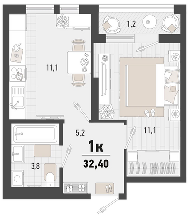 Планировка 1-комн 32,4 м²