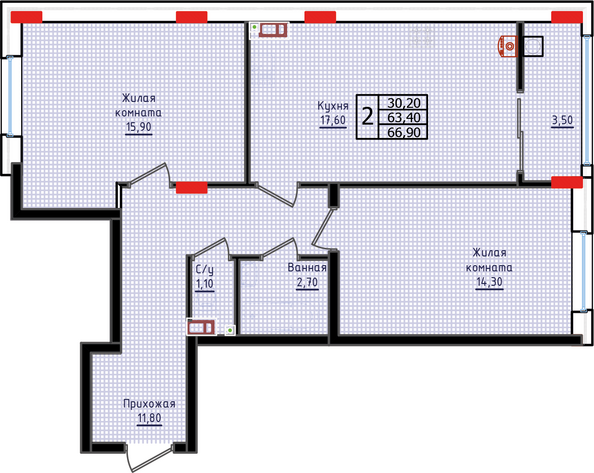 Планировка 2-комн 66,9 м²