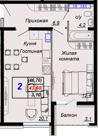 Планировка 2-комн 46,7 м²