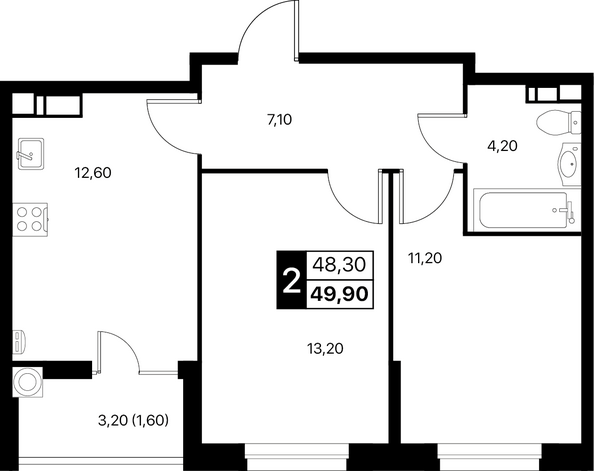 Планировка 2-комн 49,9, 50,2 м²