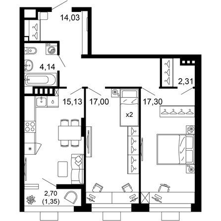 Планировка 2-комн 71,26 м²