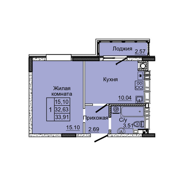 Планировка 1-комн 33,91 м²