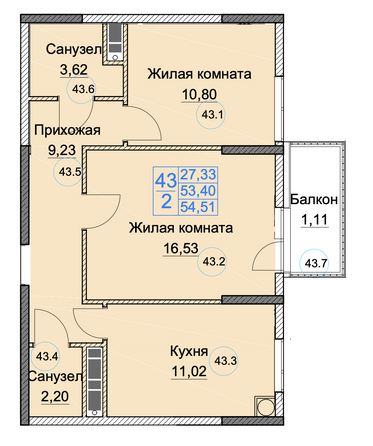 Планировка 2-комн 54,51 м²
