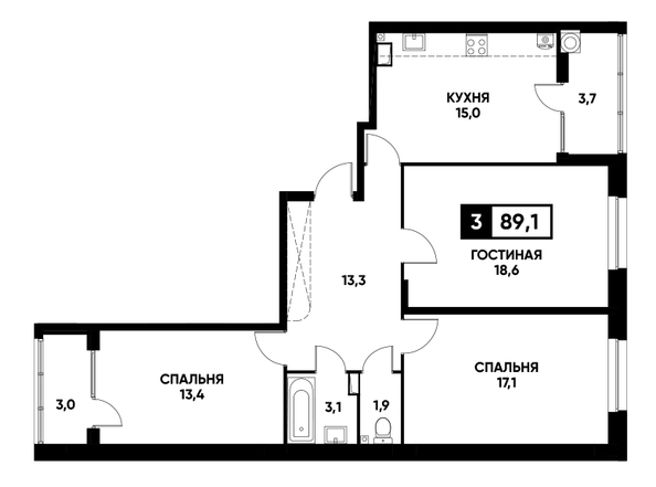 Планировка 3-комн 89,1 м²