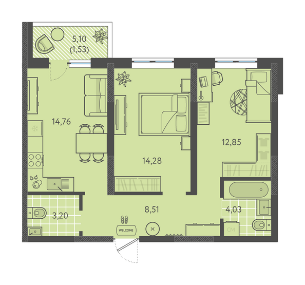Планировка 2-комн 59,16 м²