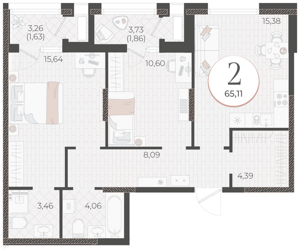 Планировка 2-комн 65,11 м²