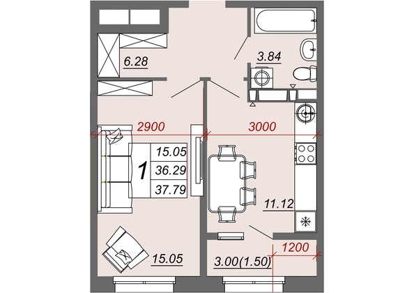 Планировка 1-комн 37,5 м²