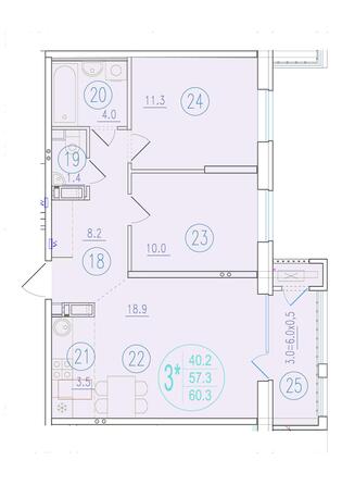 Планировка 3-комн 60,3 - 60,9 м²