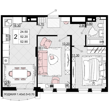 Планировка 2-комн 52,9 м²