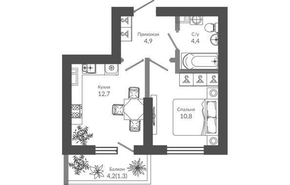 Планировка 1-комн 34,1 м²