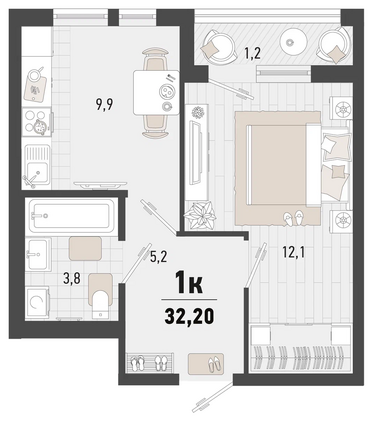 Планировка 1-комн 32,2 м²