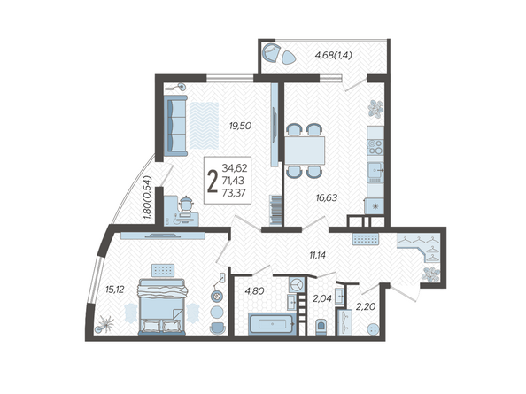 Планировка 2-комн 73,37 м²