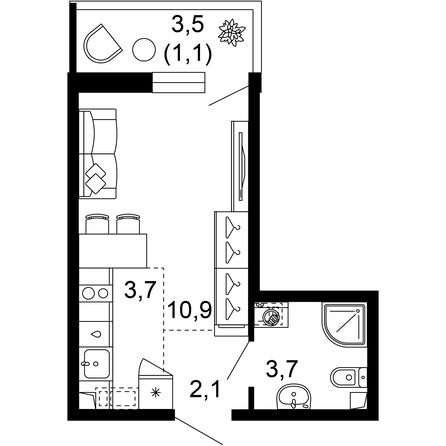 Планировка 1-комн 21,5 м²