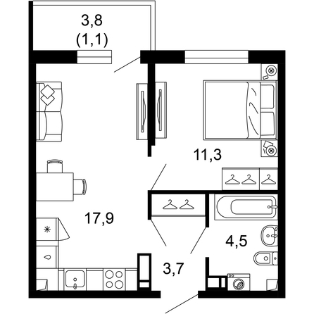 Планировка 1-комн 38,5 м²