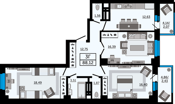 Планировка 3-комн 88,1 м²