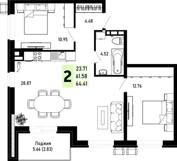 Планировка 2-комн 64,41 м²
