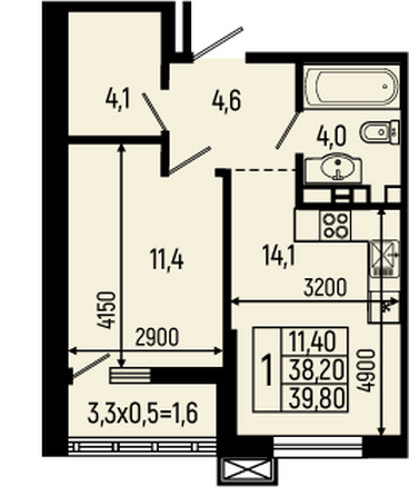 Планировка 1-комн 39,8 м²