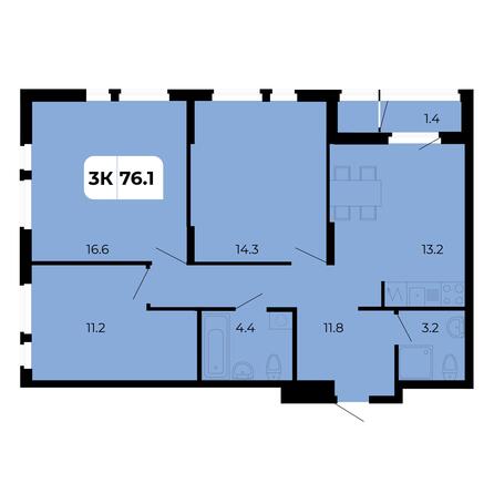 Планировка 3-комн 76,1 м²